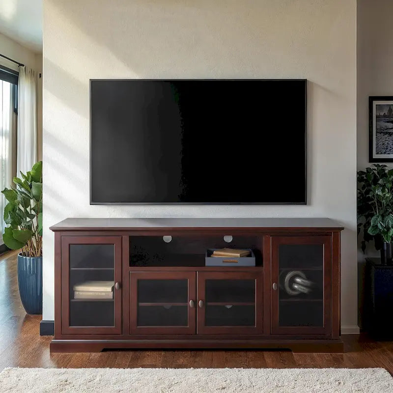 Meuble TV haut de 70 pouces avec portes vitrées et gestion des câbles