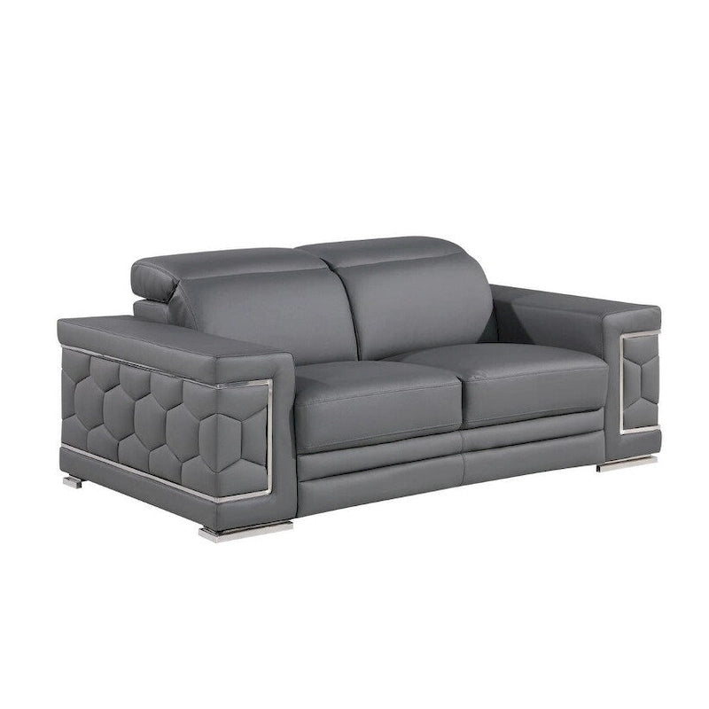 Canapé 2 places de 71 pouces en cuir véritable gris et argenté