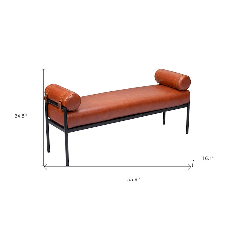 56-Inch čalouněná lavice z umělé kůže s ocelovou konstrukcí - hnědá