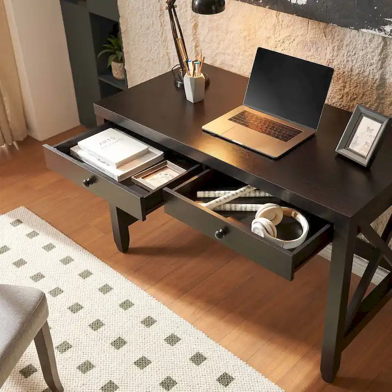 Scrivania per home office con due cassetti e struttura delle gambe con rinforzo a X