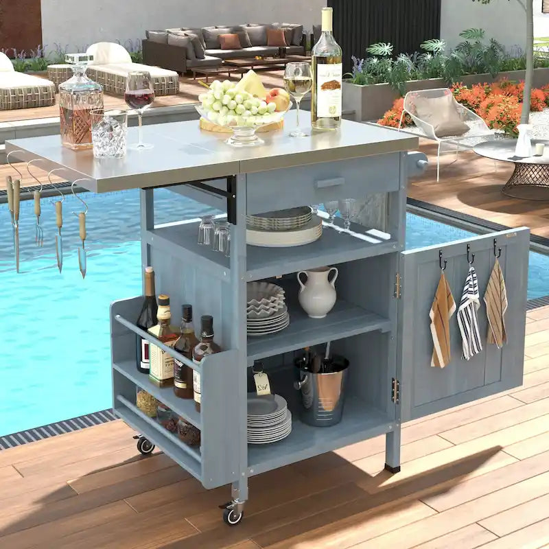 Outdoor Grill Cart with Stainless Steel Top, Drop Leaf, One Drawer, Towel Rack and Lockable Wheels