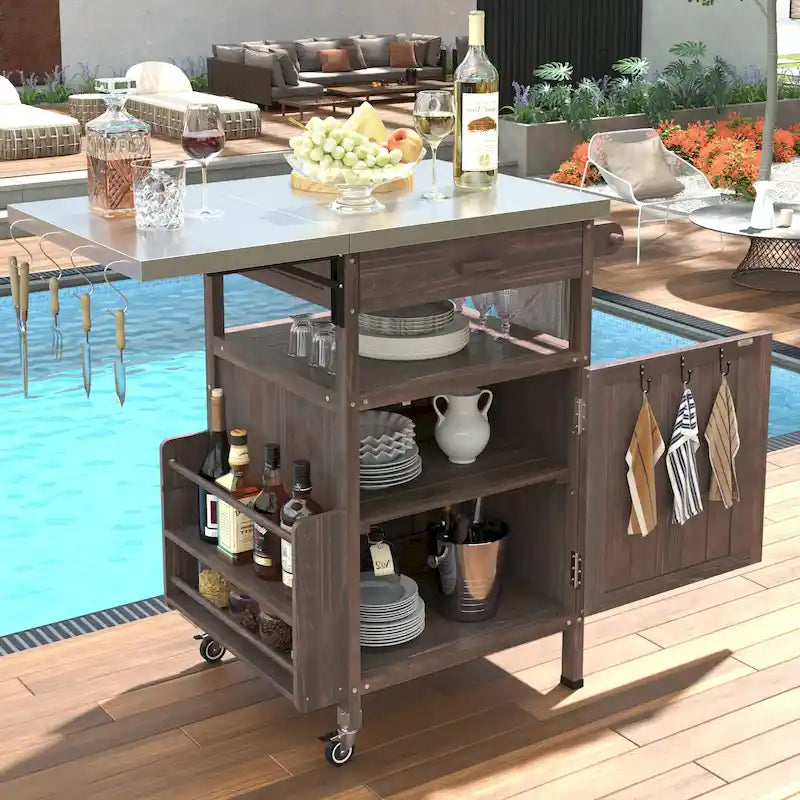 Outdoor Grill Cart with Stainless Steel Top, Drop Leaf, One Drawer, Towel Rack and Lockable Wheels