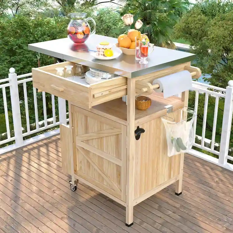 Outdoor Grill Cart with Stainless Steel Top, Drop Leaf, One Drawer, Towel Rack and Lockable Wheels