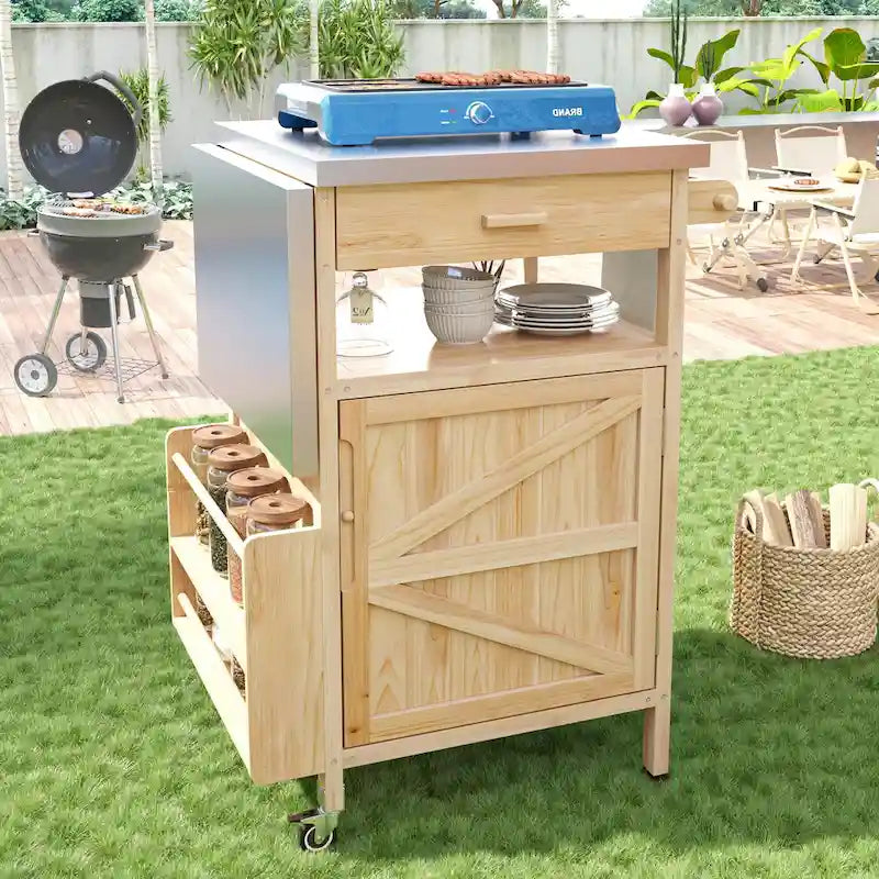 Outdoor Grill Cart with Stainless Steel Top, Drop Leaf, One Drawer, Towel Rack and Lockable Wheels