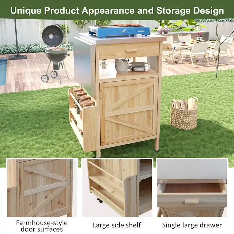 Outdoor Grill Cart with Stainless Steel Top, Drop Leaf, One Drawer, Towel Rack and Lockable Wheels