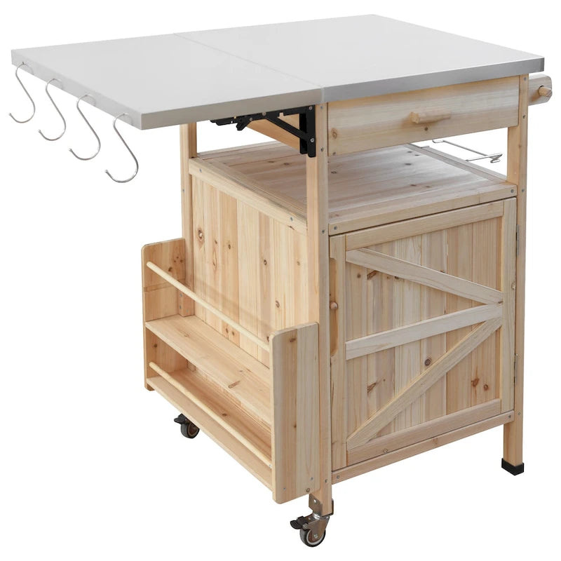 Grillwagen für den Außenbereich mit Edelstahlplatte, klappbarer Seitenablage, einer Schublade, Handtuchhalter und feststellbaren Rollen