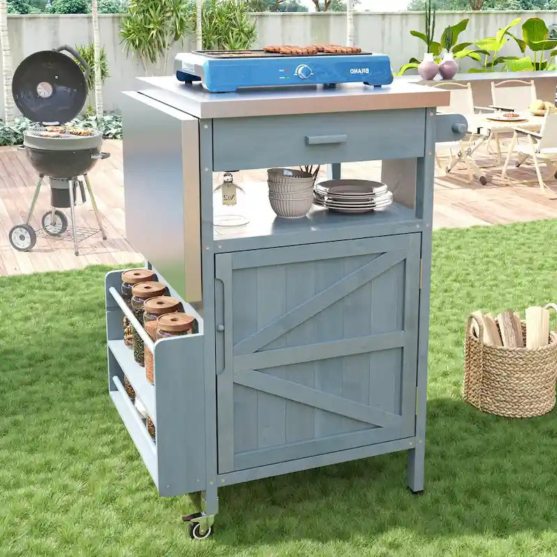 Grillwagen für den Außenbereich mit Edelstahlplatte, klappbarer Seitenablage, einer Schublade, Handtuchhalter und feststellbaren Rollen