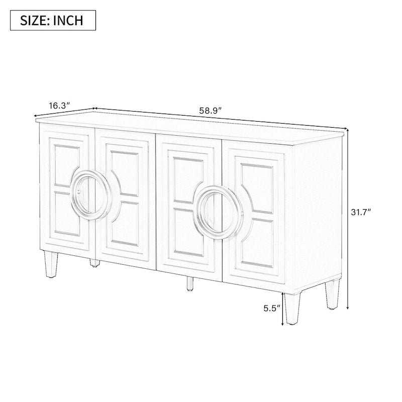 58.9" 4-Door Console Cabinet with Round Ring Handles and 5-Leg Base