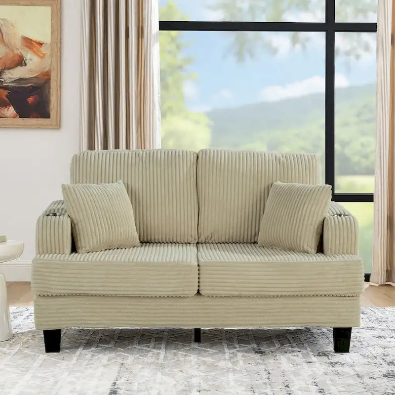 61-Zoll-Zweisitzer-Sofa aus Cord mit 2 Kissen und Getränkehaltern