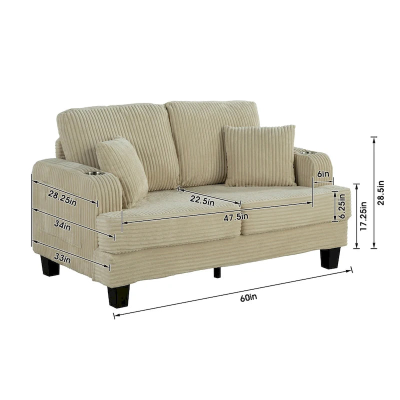 61-Zoll-Zweisitzer-Sofa aus Cord mit 2 Kissen und Getränkehaltern