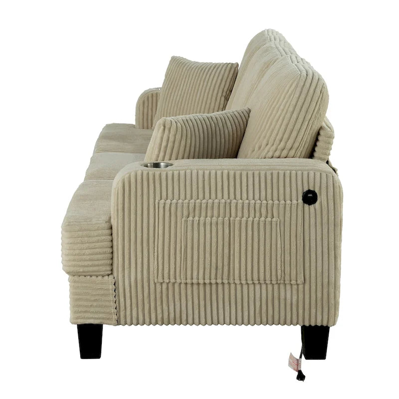 61-Zoll-Zweisitzer-Sofa aus Cord mit 2 Kissen und Getränkehaltern