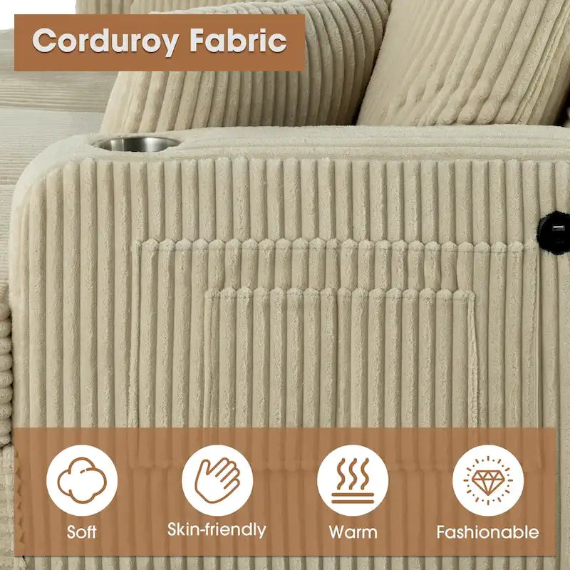 61-Zoll-Zweisitzer-Sofa aus Cord mit 2 Kissen und Getränkehaltern