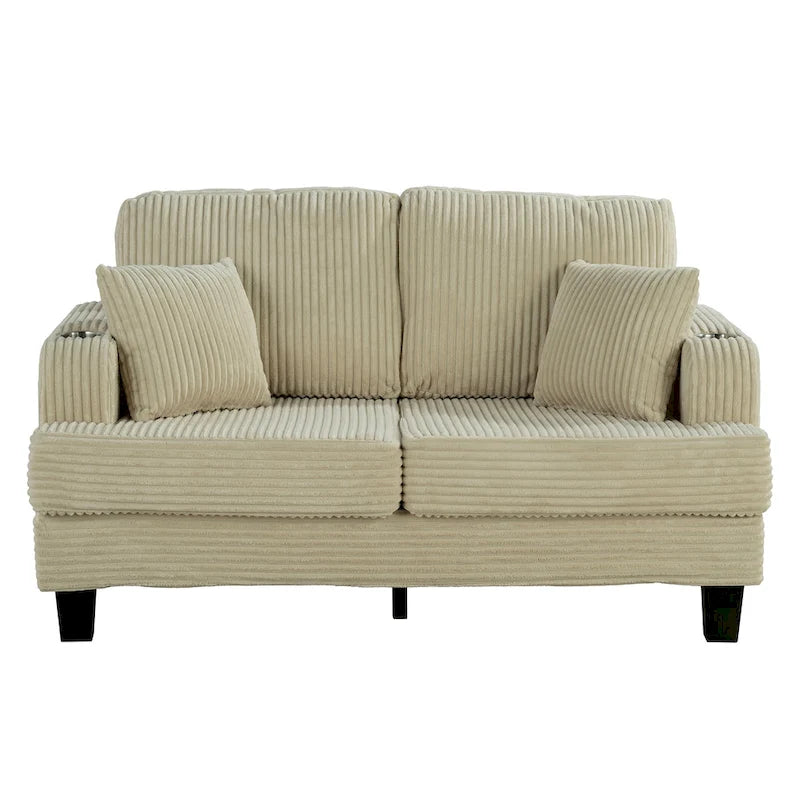 61-Zoll-Zweisitzer-Sofa aus Cord mit 2 Kissen und Getränkehaltern