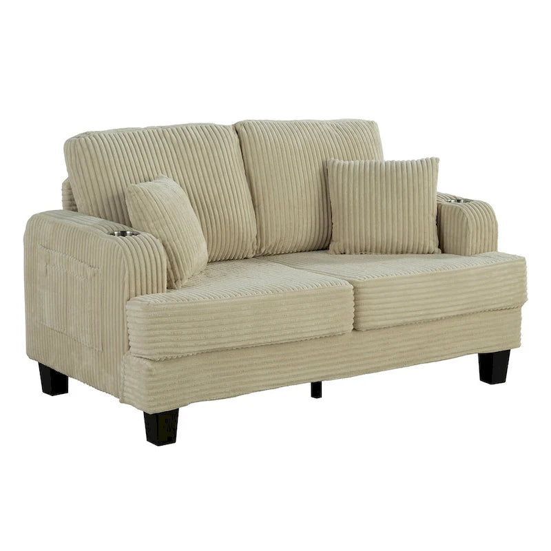 61-Zoll-Zweisitzer-Sofa aus Cord mit 2 Kissen und Getränkehaltern