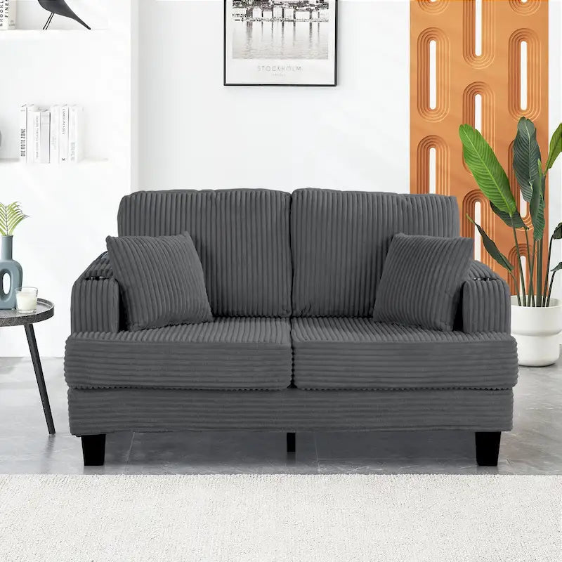 61-Zoll-Zweisitzer-Sofa aus Cord mit 2 Kissen und Getränkehaltern