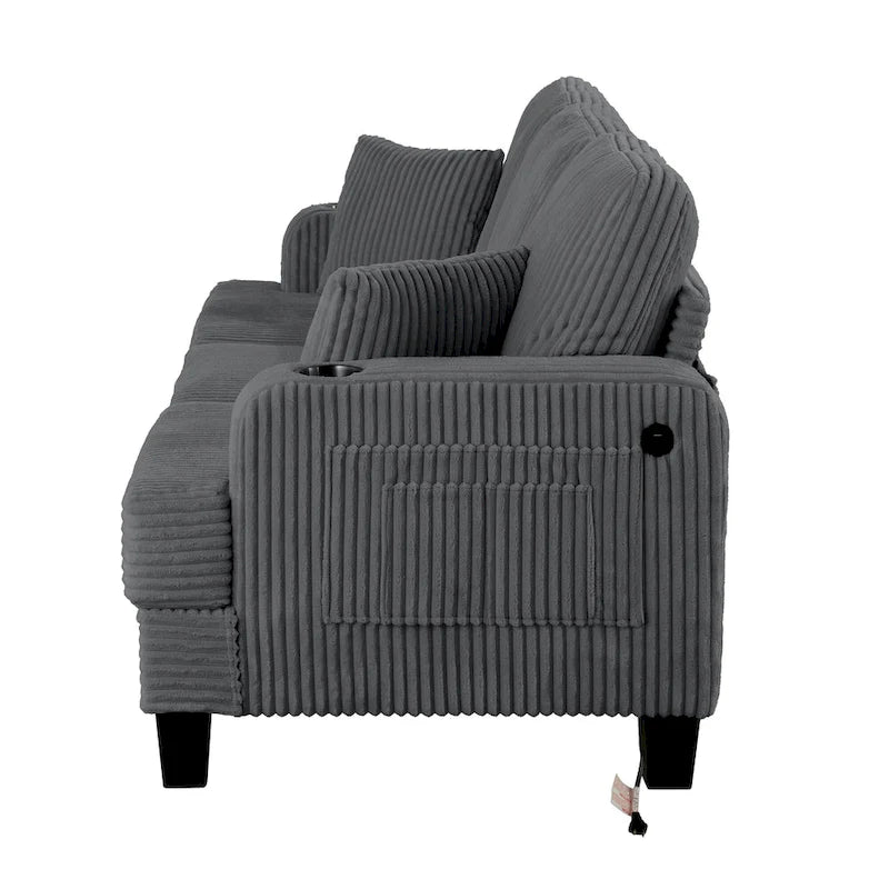 61-Zoll-Zweisitzer-Sofa aus Cord mit 2 Kissen und Getränkehaltern