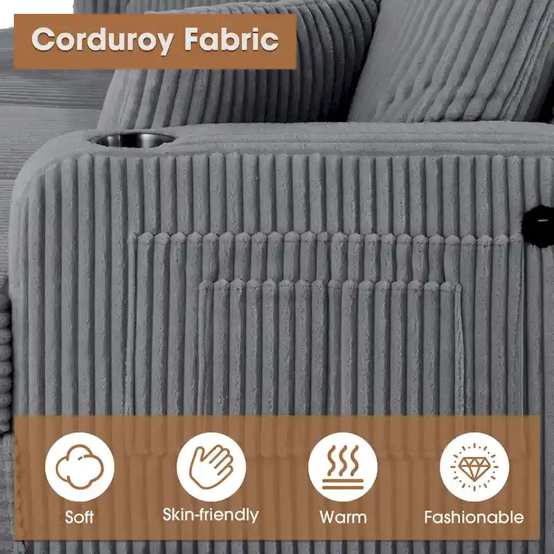 61-Zoll-Zweisitzer-Sofa aus Cord mit 2 Kissen und Getränkehaltern