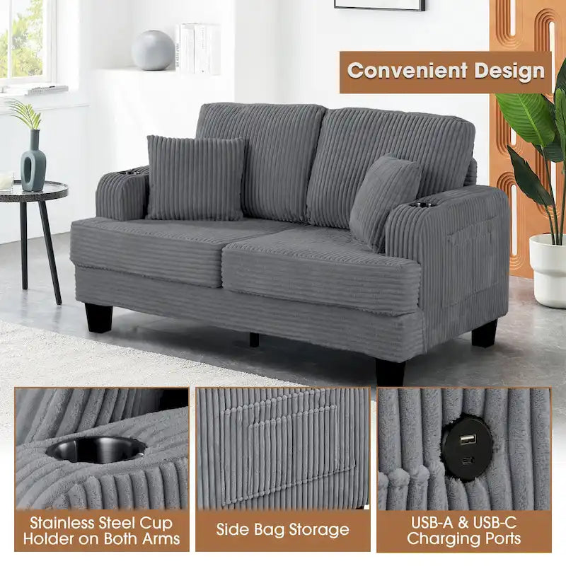 61-Zoll-Zweisitzer-Sofa aus Cord mit 2 Kissen und Getränkehaltern