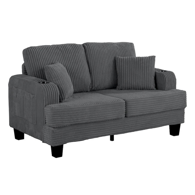 61-Zoll-Zweisitzer-Sofa aus Cord mit 2 Kissen und Getränkehaltern