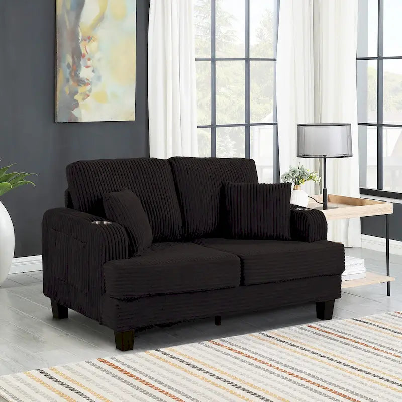 61-Zoll-Zweisitzer-Sofa aus Cord mit 2 Kissen und Getränkehaltern
