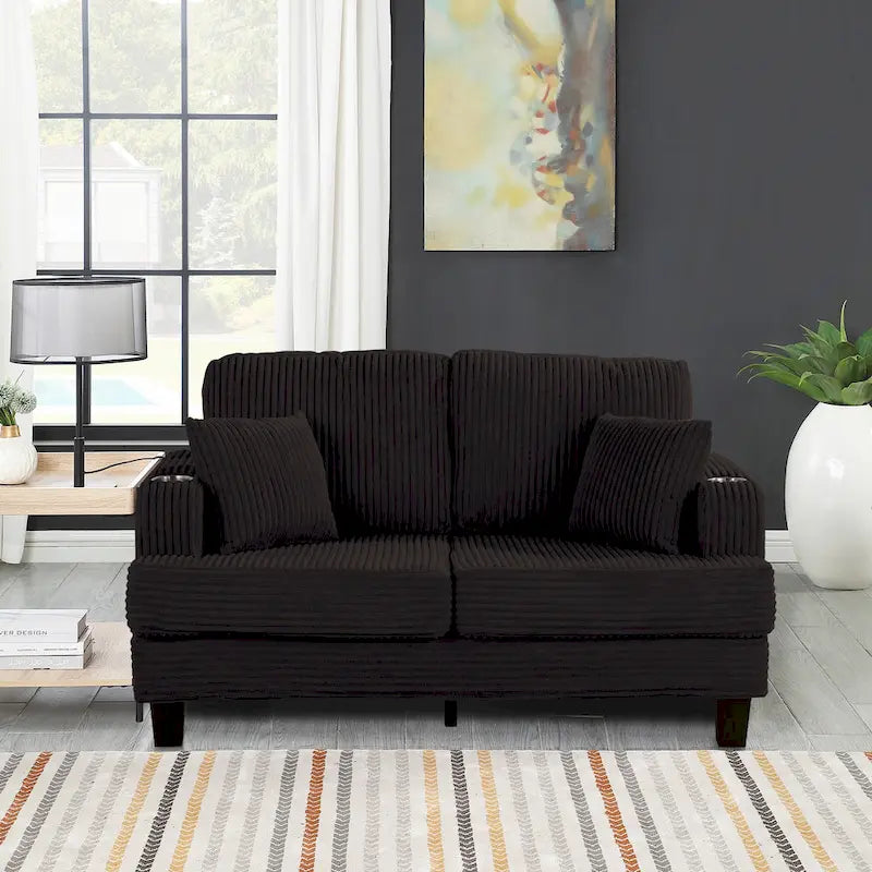 61-Zoll-Zweisitzer-Sofa aus Cord mit 2 Kissen und Getränkehaltern