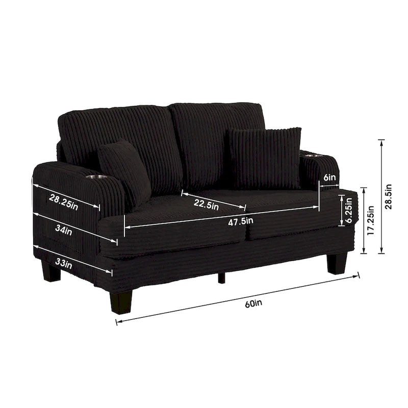 61-Zoll-Zweisitzer-Sofa aus Cord mit 2 Kissen und Getränkehaltern