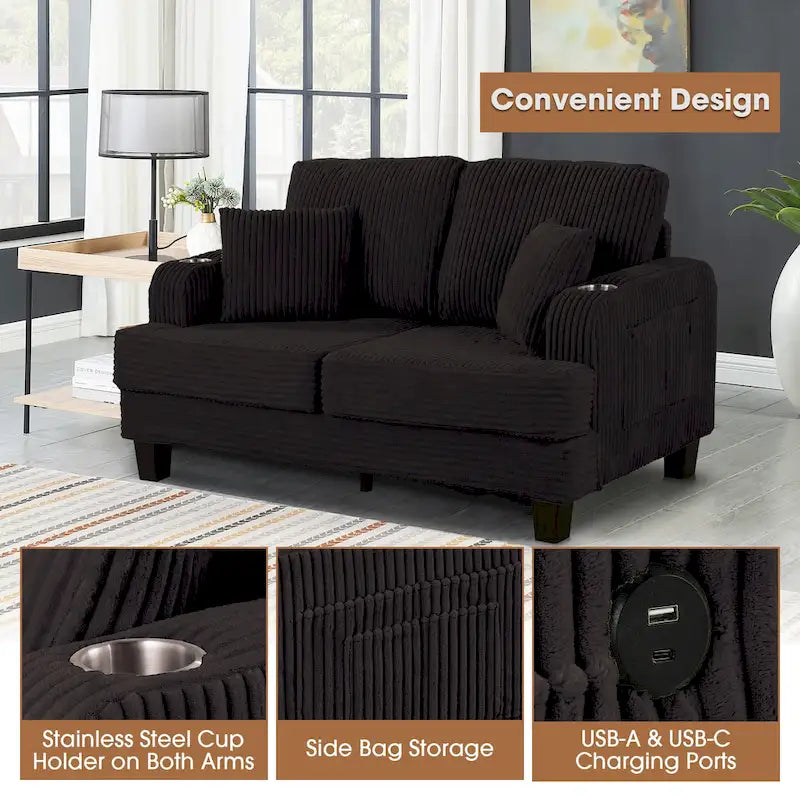 61-Zoll-Zweisitzer-Sofa aus Cord mit 2 Kissen und Getränkehaltern