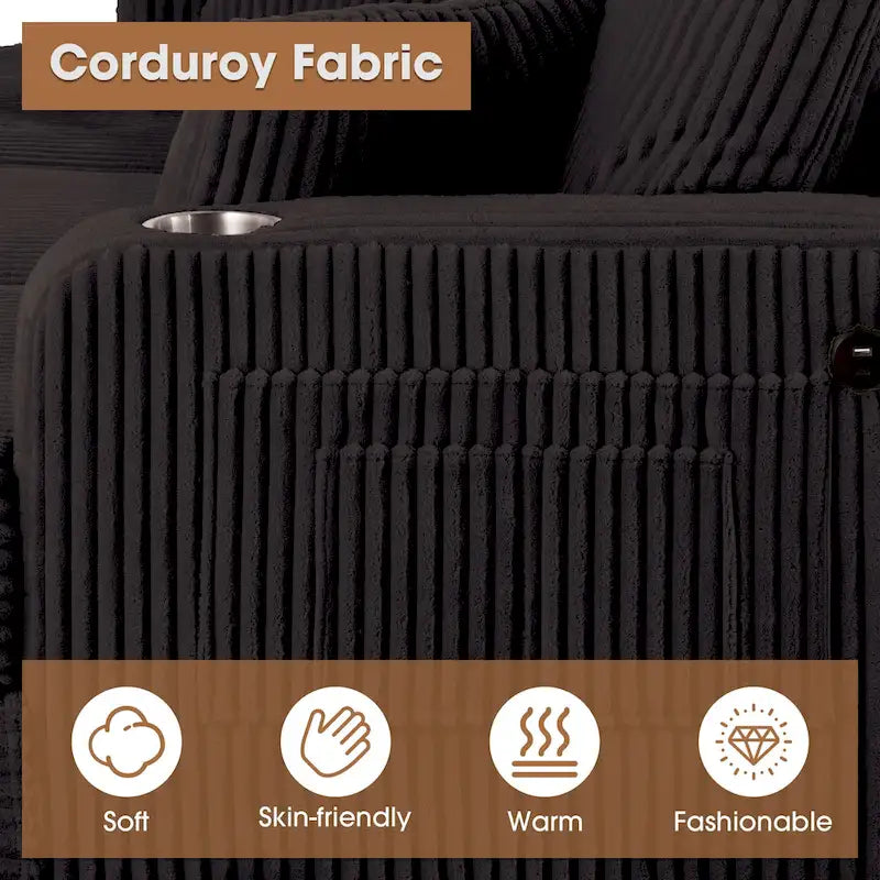 61-Zoll-Zweisitzer-Sofa aus Cord mit 2 Kissen und Getränkehaltern