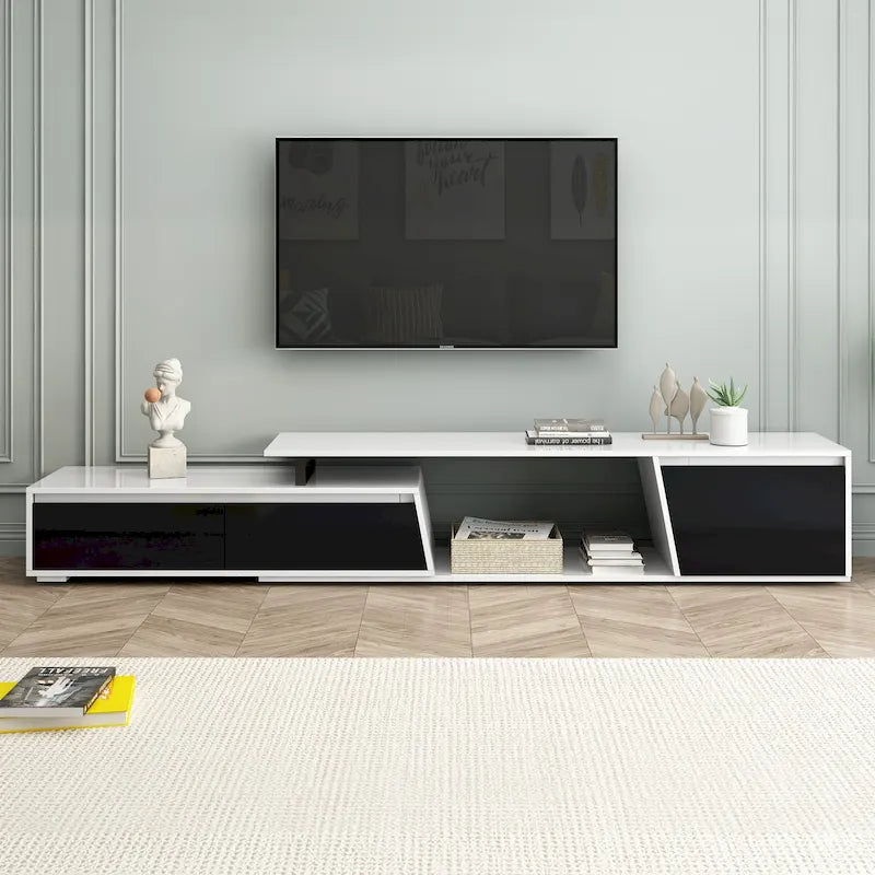 Meuble TV extensible avec deux tiroirs et une armoire