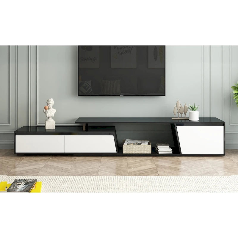 Meuble TV extensible avec deux tiroirs et une armoire