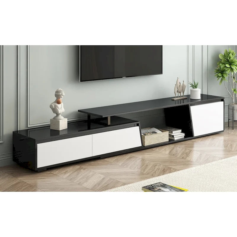 Meuble TV extensible avec deux tiroirs et une armoire
