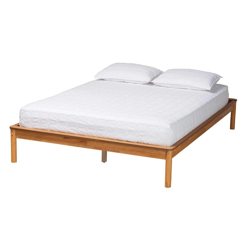 Mid-Century Modern Honey Oak Wood Bed Frame
