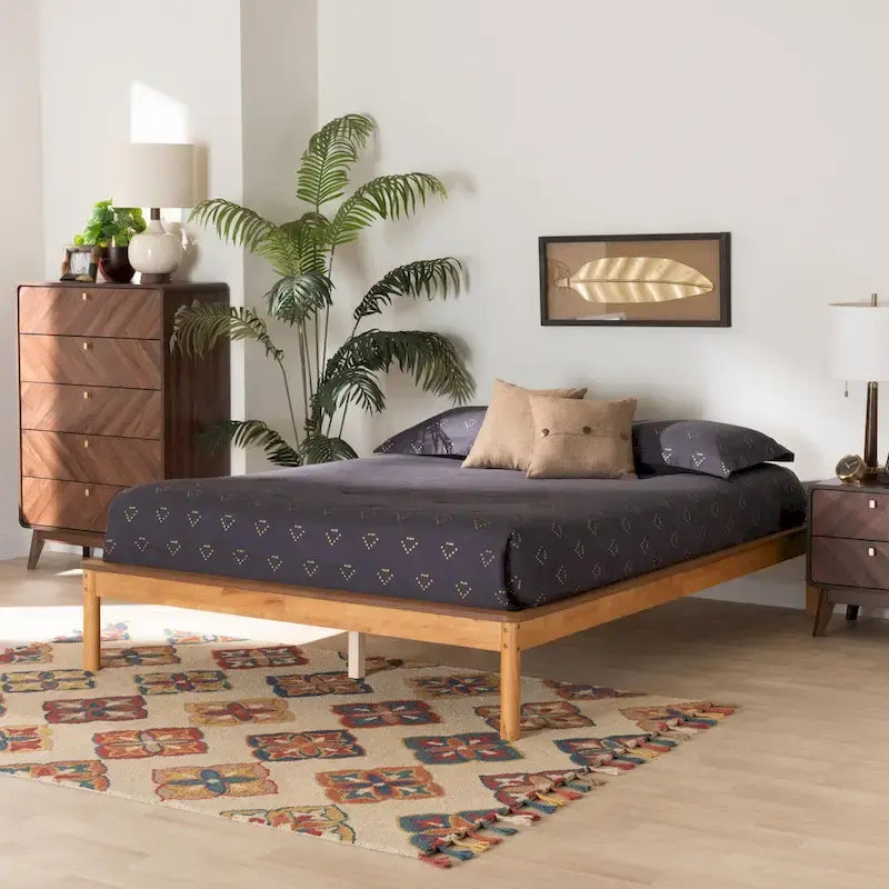 Mid-Century Modern Honey Oak Wood Bed Frame