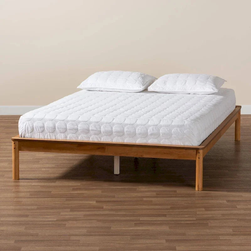 Mid-Century Modern Honey Oak Wood Bed Frame