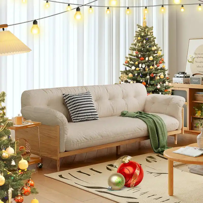 Moderne 3-zitsbank van gestoffeerde katoen-linnenstof, beige