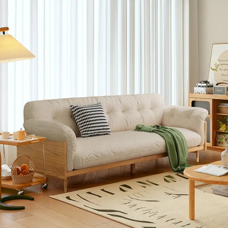 Moderne 3-zitsbank van gestoffeerde katoen-linnenstof, beige