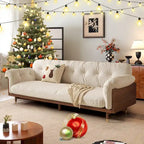 Moderne 3-zitsbank van gestoffeerde katoen-linnenstof, beige
