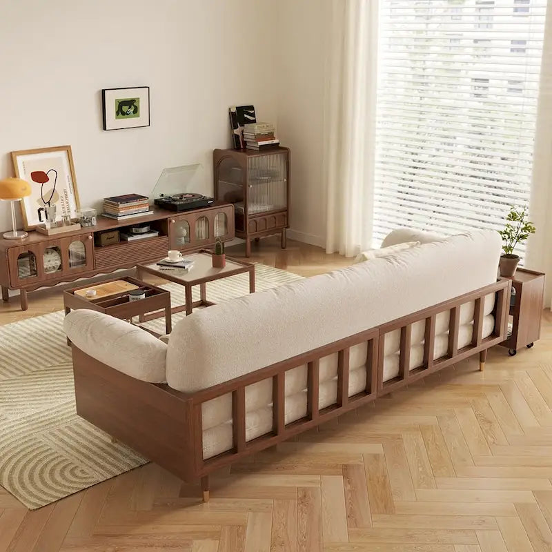 Moderne 3-zitsbank van gestoffeerde katoen-linnenstof, beige