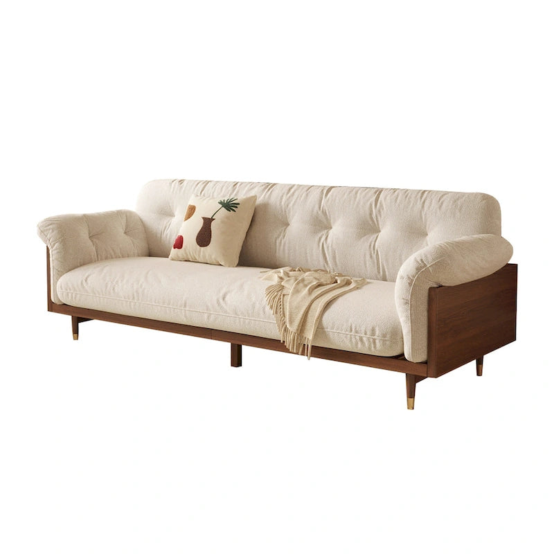 Moderne 3-zitsbank van gestoffeerde katoen-linnenstof, beige