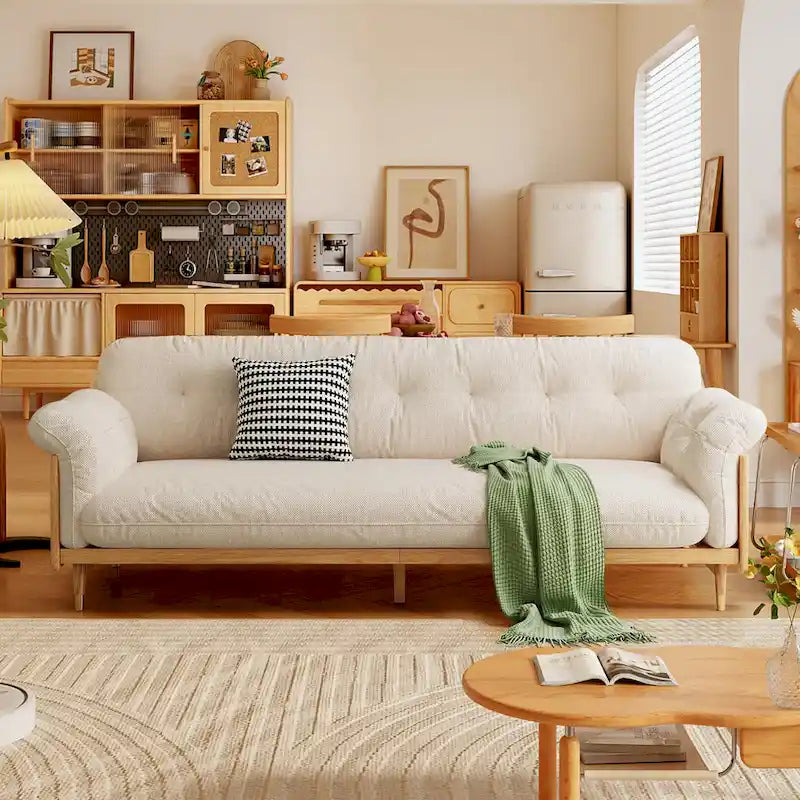 Moderne 3-zitsbank van gestoffeerde katoen-linnenstof, beige