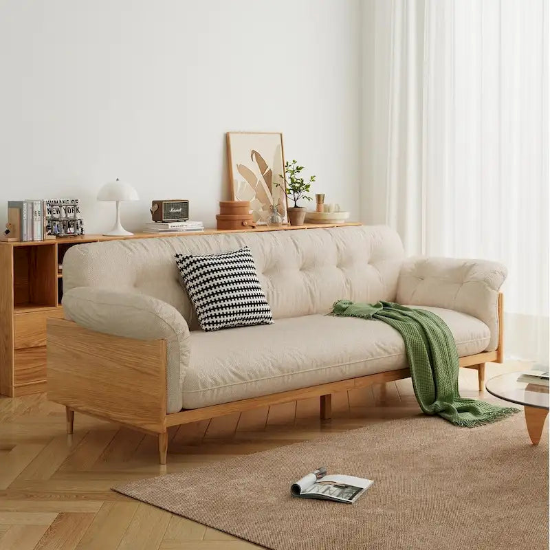 Moderne 3-zitsbank van gestoffeerde katoen-linnenstof, beige