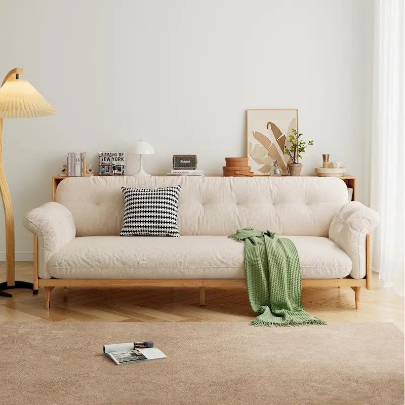 Moderne 3-zitsbank van gestoffeerde katoen-linnenstof, beige