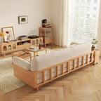 Moderne 3-zitsbank van gestoffeerde katoen-linnenstof, beige