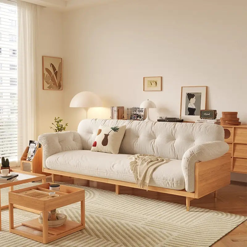 Moderne 3-zitsbank van gestoffeerde katoen-linnenstof, beige