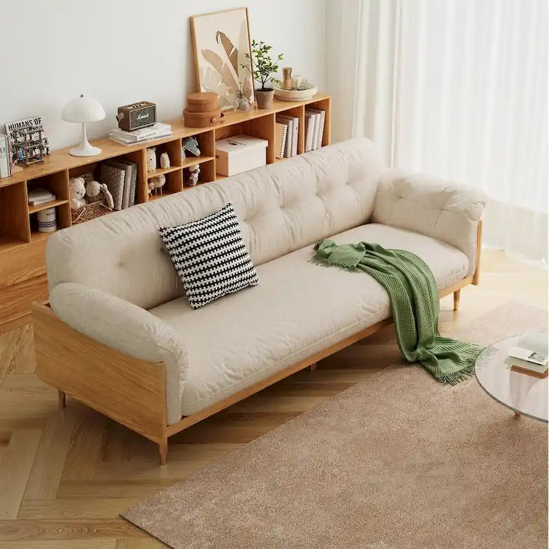 Moderne 3-zitsbank van gestoffeerde katoen-linnenstof, beige