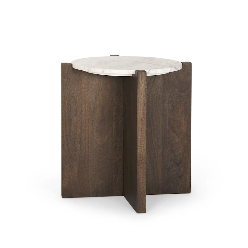 Round Accent Table with Wood Base and Marble Top