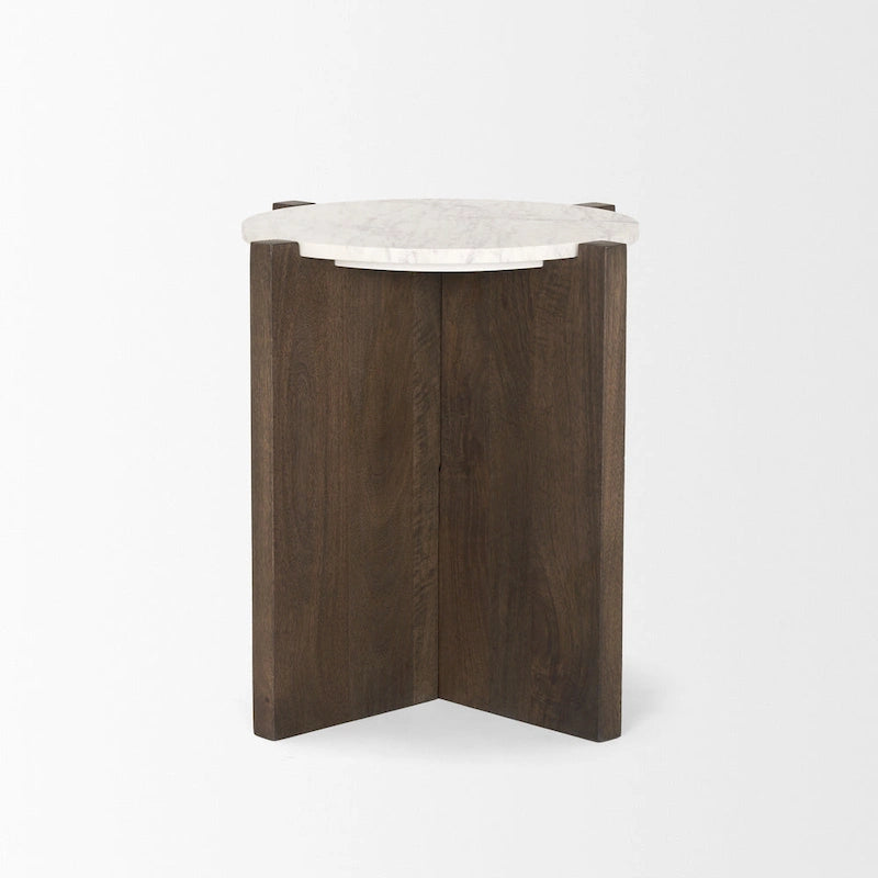 Round Accent Table with Wood Base and Marble Top