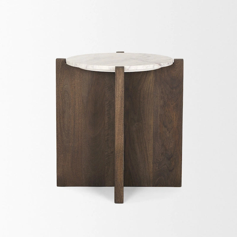 Round Accent Table with Wood Base and Marble Top