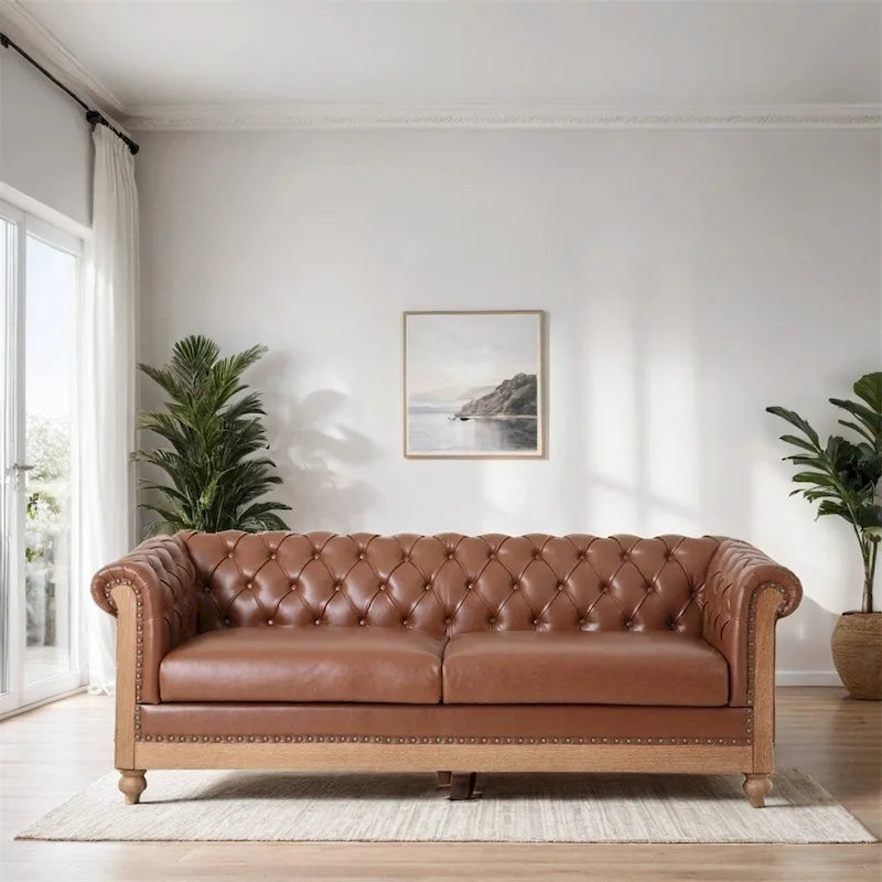 3-Seat PU Leather Sofa with Wooden Frame and Legs