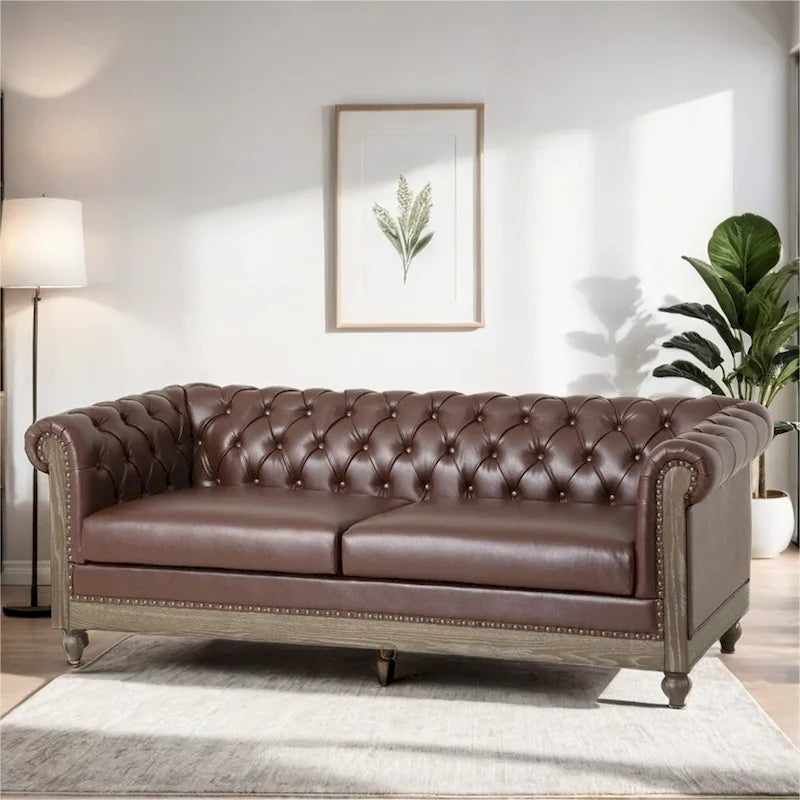 3-osobowa sofa ze skóry ekologicznej z drewnianą ramą i nogami